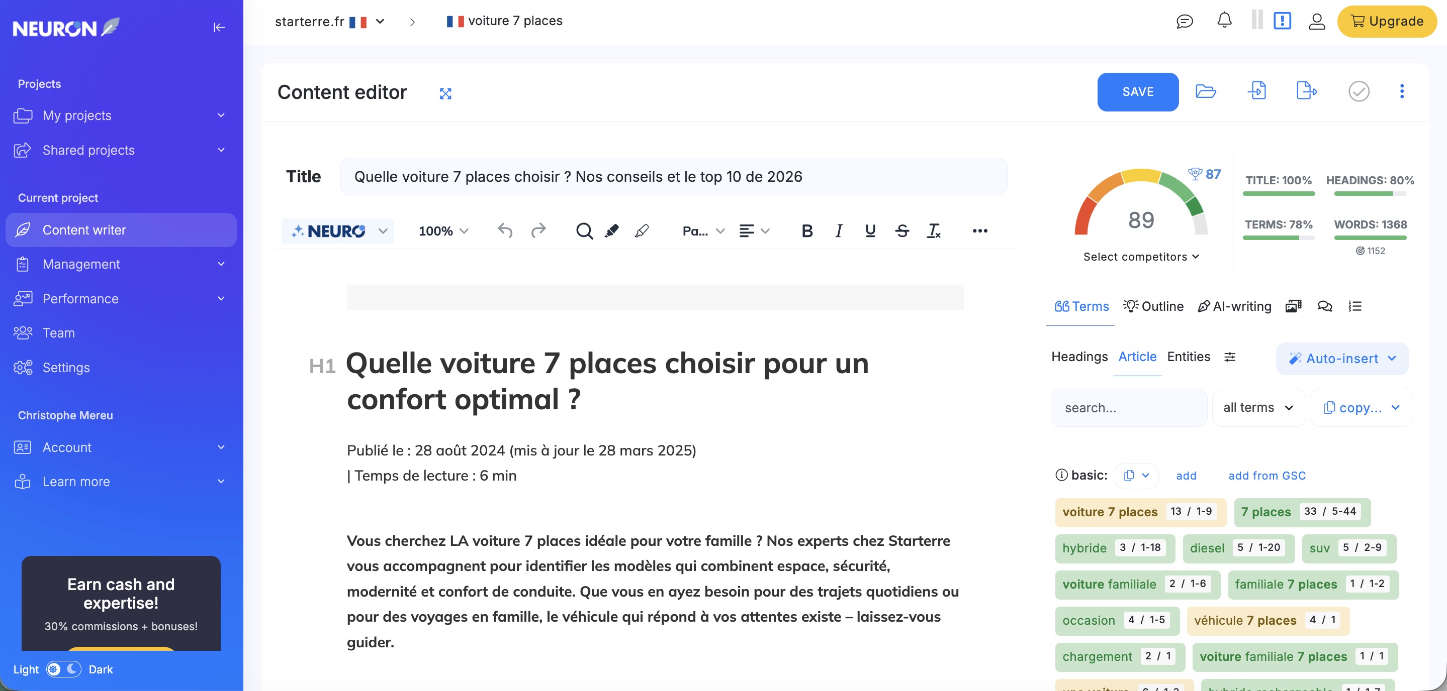 capture d'écran de l'outil NeuronWriter